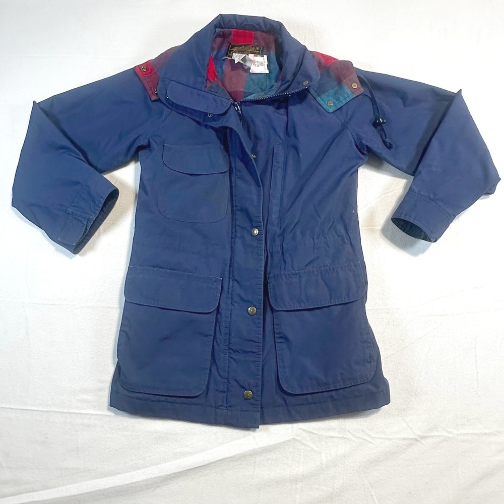 Vintage Eddie Bauer Womens Navy Blue Plaid Lined Hooded Parka‎ Jacket XS Winter